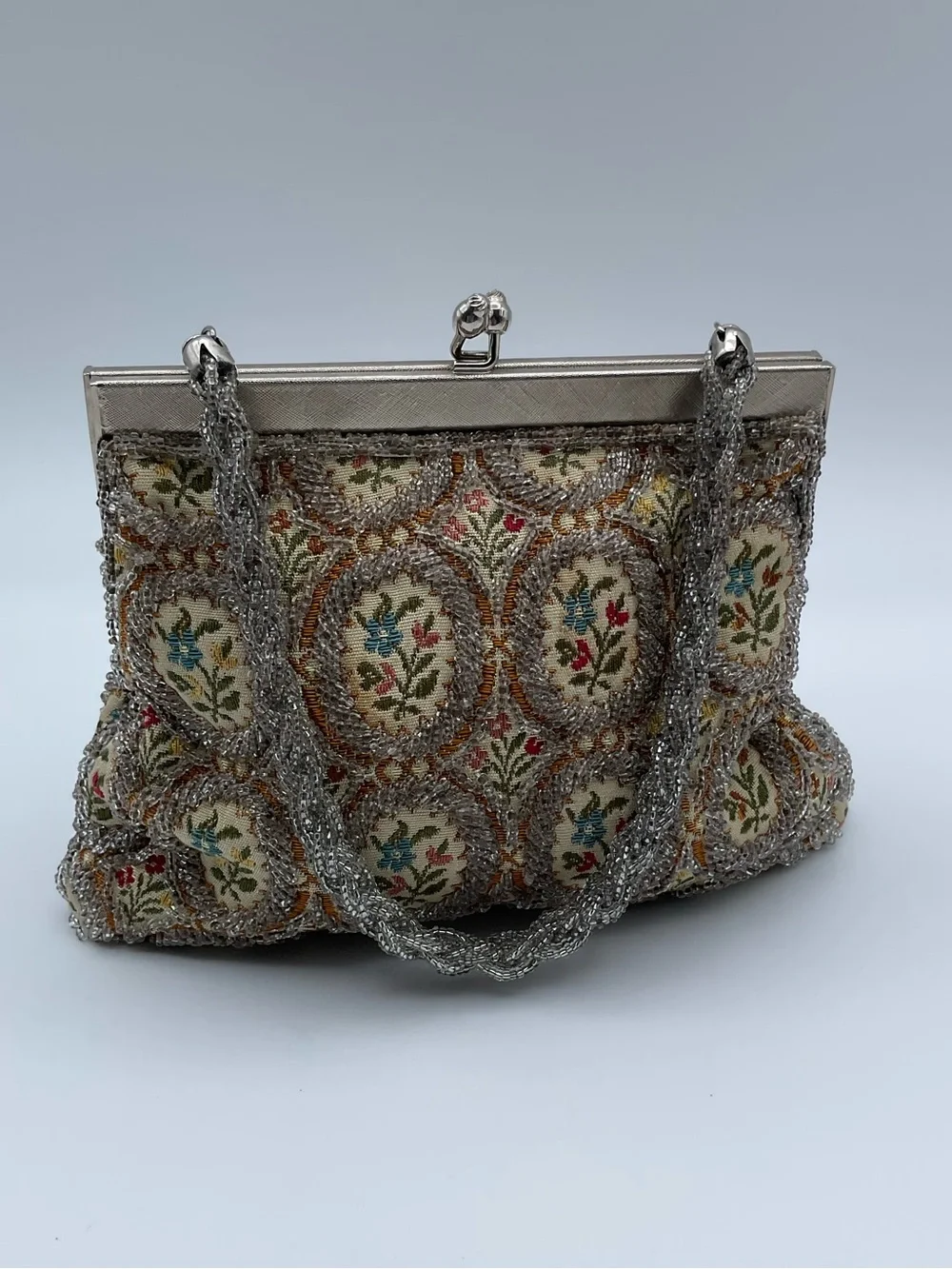 Vintage Walborg Hand Beaded Evening Bag Hong Kong Floral Tapestry Silver Beaded